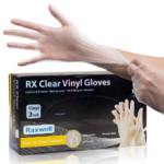 3 mil clear vinyl gloves, exam grade, shown with packaging