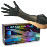 4,5 Mil Black Nitrile Gloves, exam grade, shown with packaging