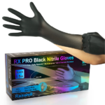 5,5 Mil Black Nitrile Gloves, exam grade, shown with packaging