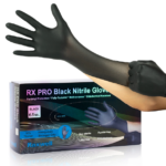 6,5 Mil Black Nitrile Gloves, exam and heavy-duty grade, shown with packaging