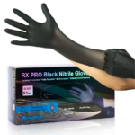 8,5 Mil Black Nitrile Gloves, exam and heavy-duty grade, shown with packaging