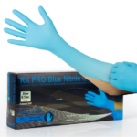 8,5 Mil Blue Nitrile 12'' Extended Cuffs Gloves, exam and heavy-duty grade, shown with packaging
