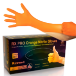 8,5 Mil Orange Diamond Grip Nitrile Gloves, exam and heavy-duty grade, shown with packaging