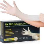8,5 Mil clear latex gloves, exam grade and heavy-duty, shown with packaging