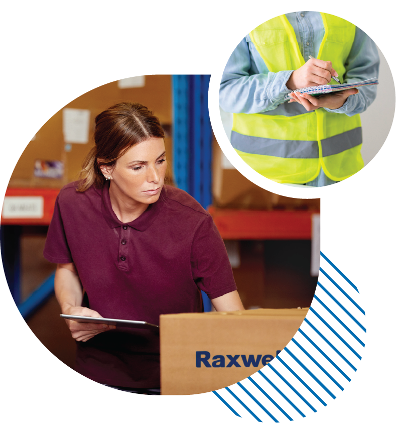 Warehouse workers performing quality check on Raxwell industrial supplies.