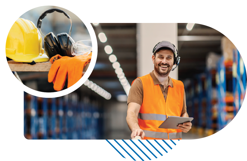 Warehouse worker with headset using a tablet, next to PPE safety industrial supplies