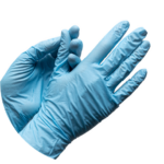 Blue disposable latex gloves on hand