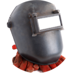 A protective welding helmet and welding gloves