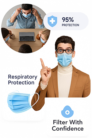 Man wearing a surgical mask pointing upward, promoting respiratory protection with 95% filtration efficiency