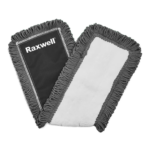 Raxwell Black 24x5" dust mop pad with grey fringe edges and black backing for dry floor cleaning