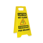 Raxwell yellow wet floor caution sign with bilingual English and Spanish text for slip hazard warnings