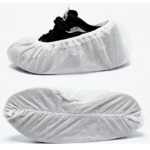 White Raxwell Disposable Shoe Covers set up on black shoes
