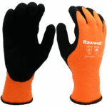 A Pair of black and orange Raxwell cold conditions gloves