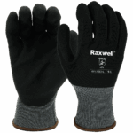 A Pair of black and grey nitrile Sandy Coated Raxwell gloves