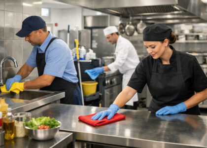 commercial kitchen and janitorial environment, staff using color-coded microfiber towels to clean stainless steel prep surfaces under bright, clean lighting, professional industrial setting, neutral color palette, high detail