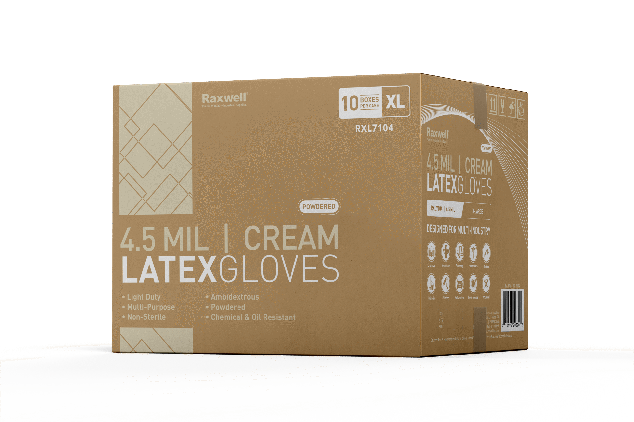 Raxwell 4.5 Mil Cream Latex Gloves XL Bulk Case – Powdered Disposable Gloves Shipping Carton (10 Boxes Per Case)