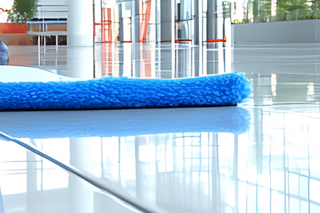 A janitorial floor mop used to clean a commercial building floor
