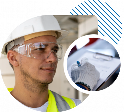 A man wearing protection glasses and a hand checking a list of tasks, illustrating industrial safety and ppe supplies