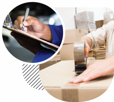 Worker sealing cardboard box with packaging tape dispenser, accompanied by a hand writing on a checklist clipboard
