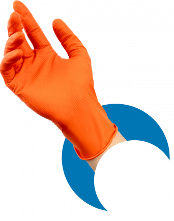 Orange diamond grip disposable nitrile gloves on hand