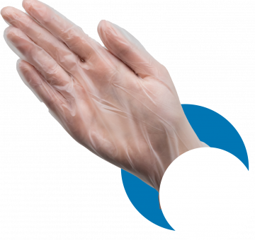 Clear disposable vinyl gloves on hand